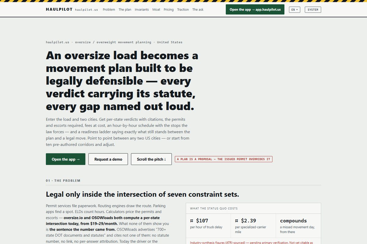 Screenshot of the HaulPilot homepage — oversize load movement planning