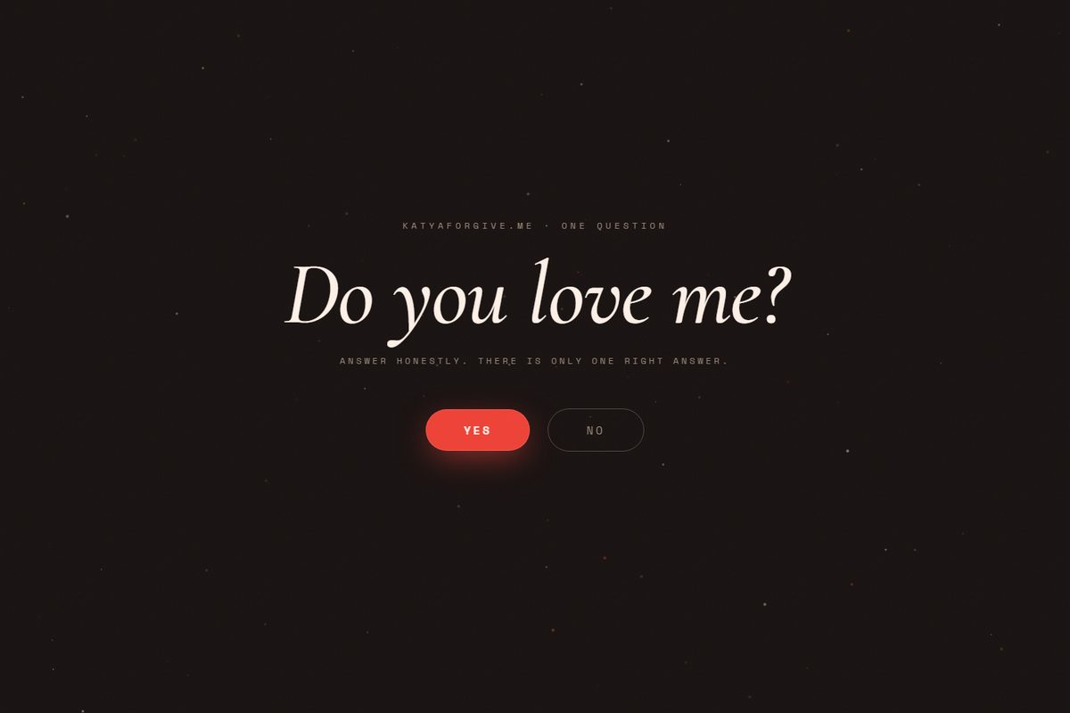 Screenshot of the katyaforgive.me one-question microsite
