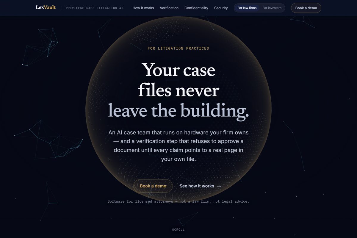 Screenshot of the LexVault litigation AI homepage