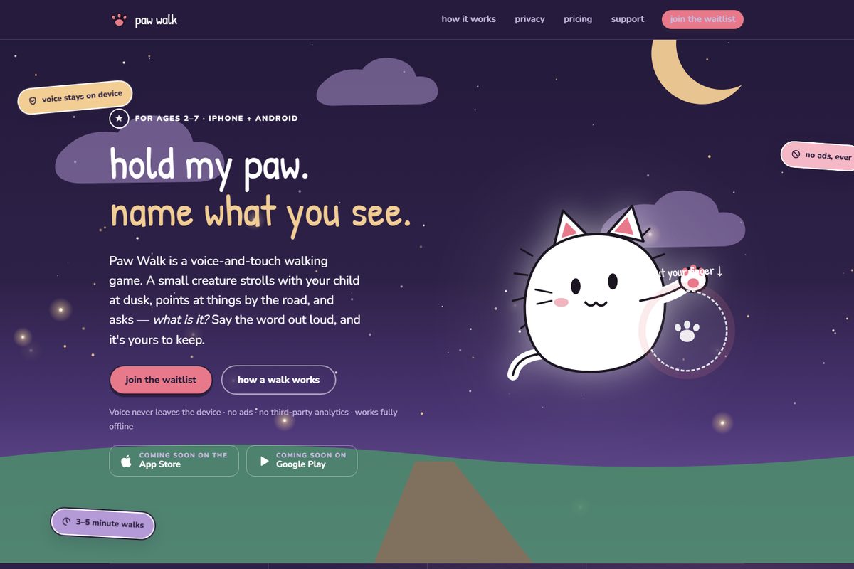 Screenshot of the Paw Walk kids’ voice game page